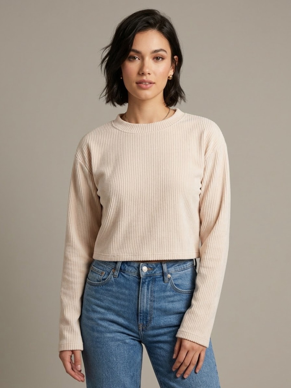 Altar'd State Cream Corduroy Cropped Long Sleeve Sweater Top XS